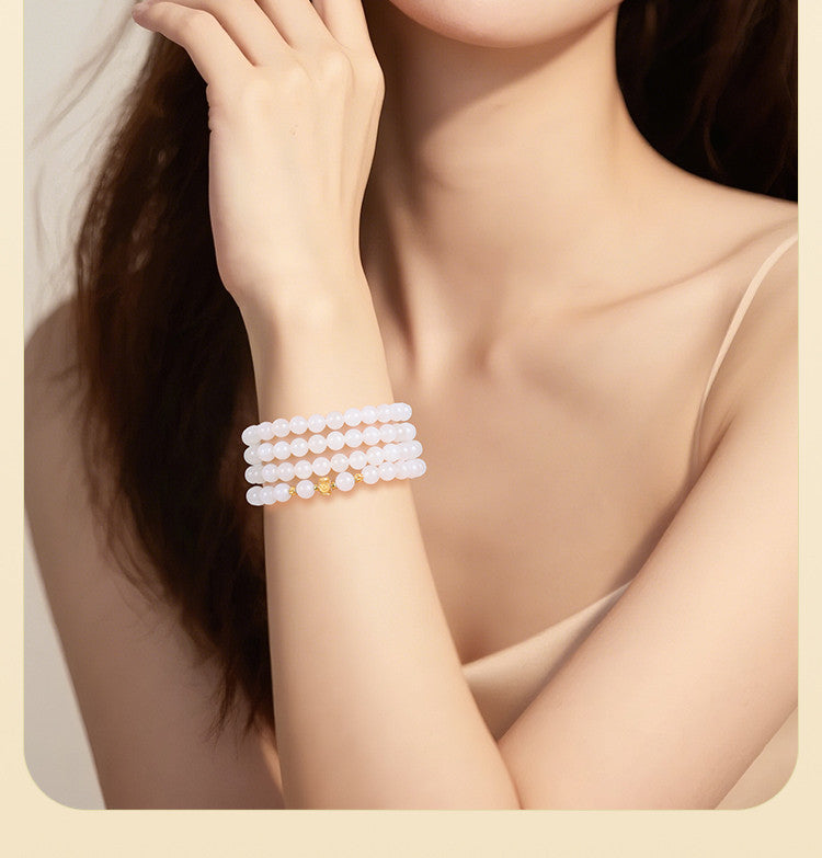 White Hetian Jade Necklace, Elegant Chinese Style Beaded Chain for Women, Dual-use Sweater Chain & Neck Ornament