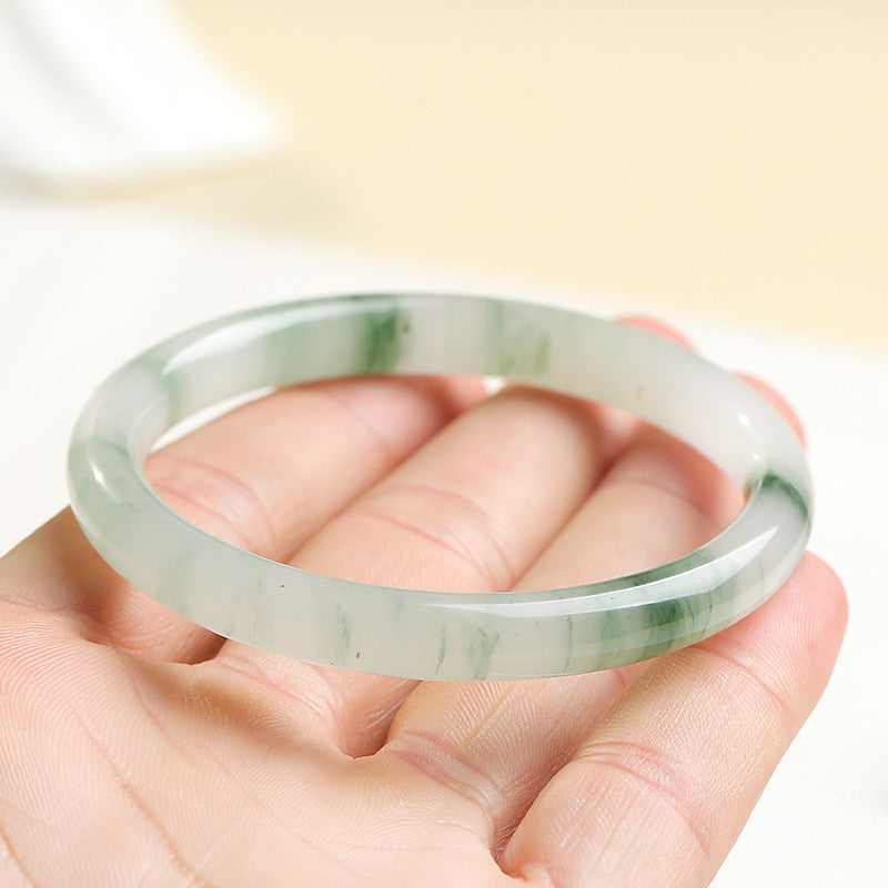 Icy Green Floating Strip Quartzite Bangle, Tianshan Cui Round Bar Jade Bracelet