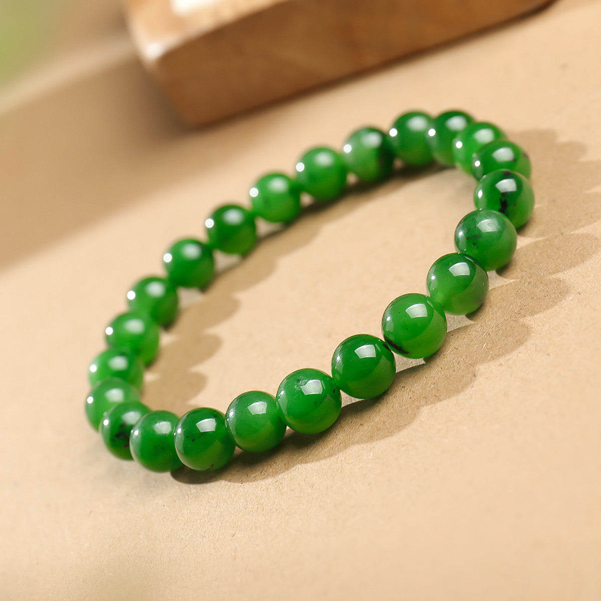 8mm Glossy Spinach Green Hetian Jasper Bracelet, Round Bead Single-loop Bangle