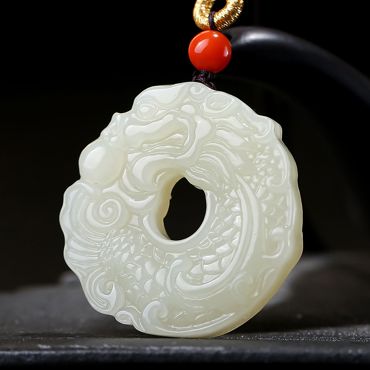 Double-Sided Carved Dragon-Fish Hetian Jade Pendant, Unisex Zodiac Dragon Jade Charm