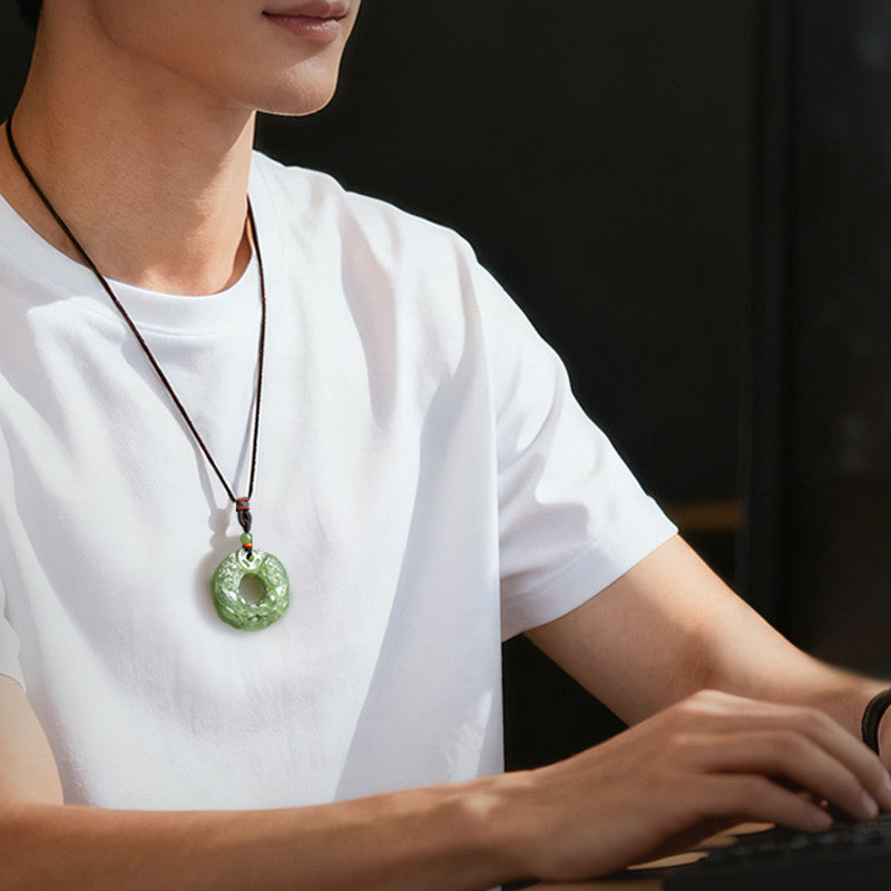 Unisex Double-sided Carved Hetian Jade Pixiu Safety Buckle Pendant, Festival Gift