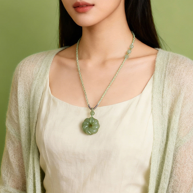 Unisex Hetian Pale Cyan Jade Twisted Pattern Full Peace Buckle Pendant, Festival Gift