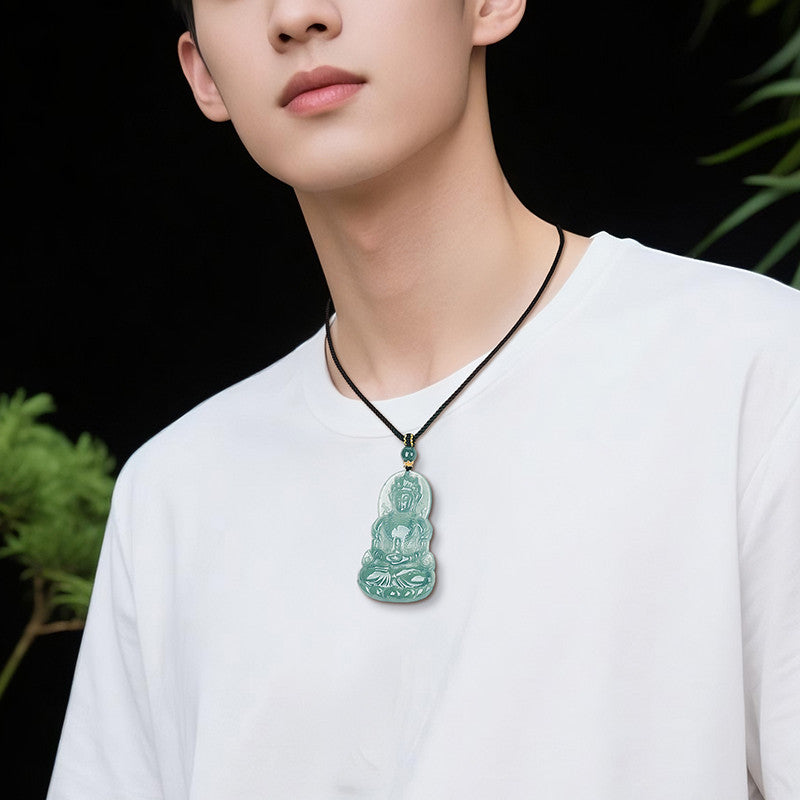 Men's High-Ice Blue Water Emerald Pendant, Tara & Guanyin Jade Charm, Festival Gift