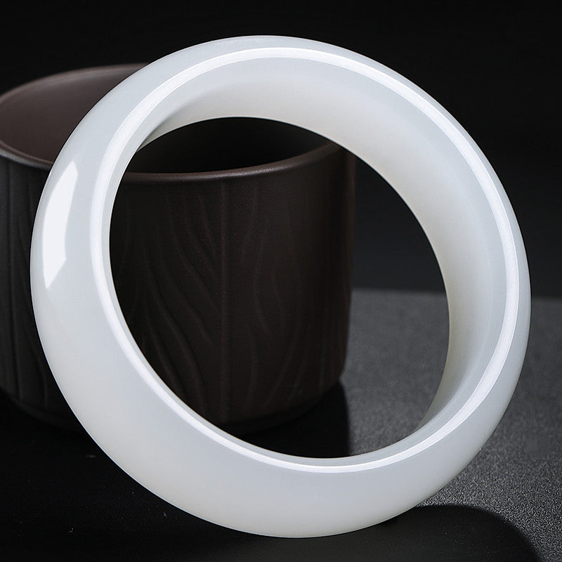 Heritage Grade Hetian Jade Bangle, Creamy White Wide Band Peace Bracelet