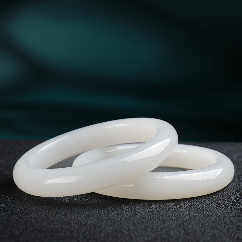 Women's Hetian White Jade Bangle, Moist White Round Jade Bracelet, With Certificate