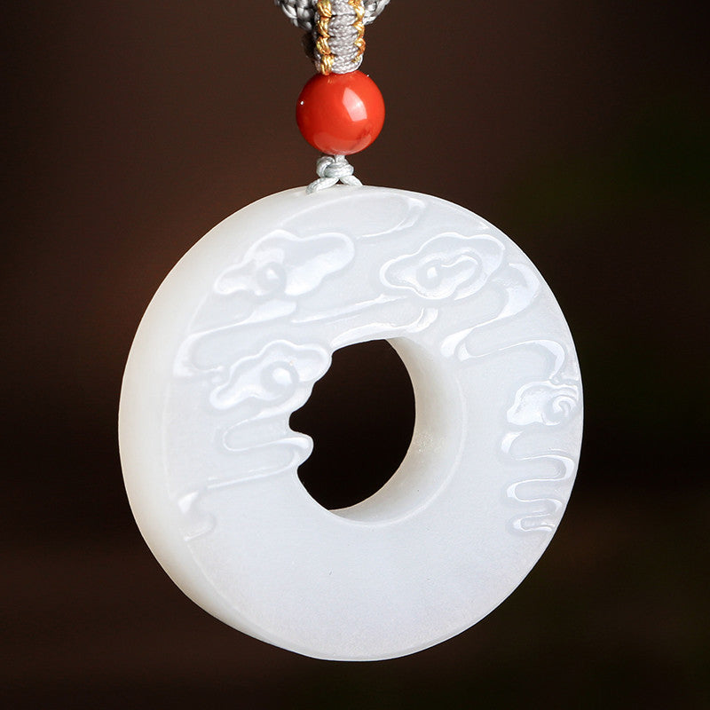 White Hetian Jade Pendant, Double-sided Carved Water Pattern Jade Ornament, Couple Style with Cord, Gift Ready