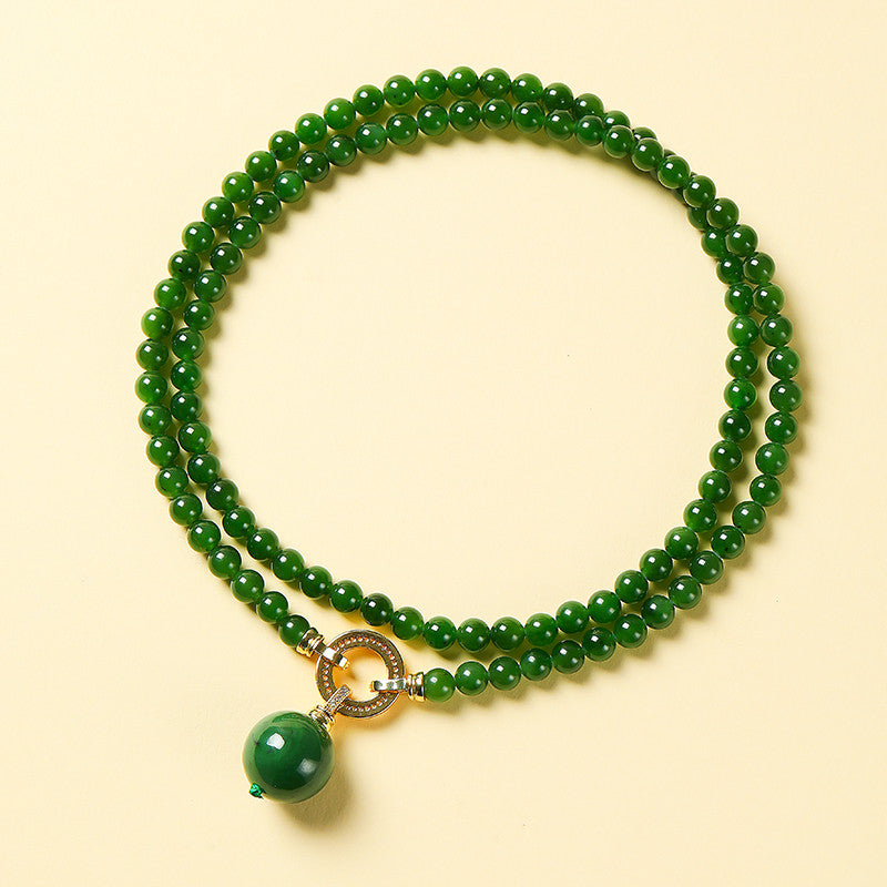 High-Oily Spinach Green Hetian Jasper Round Bead Necklace, Multi-use Sweater Chain