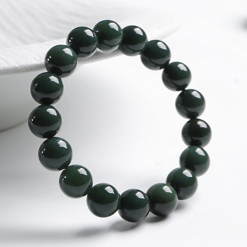 Unisex Green Hetian Jade Round Bead Single-row Bracelet, Festival Gift