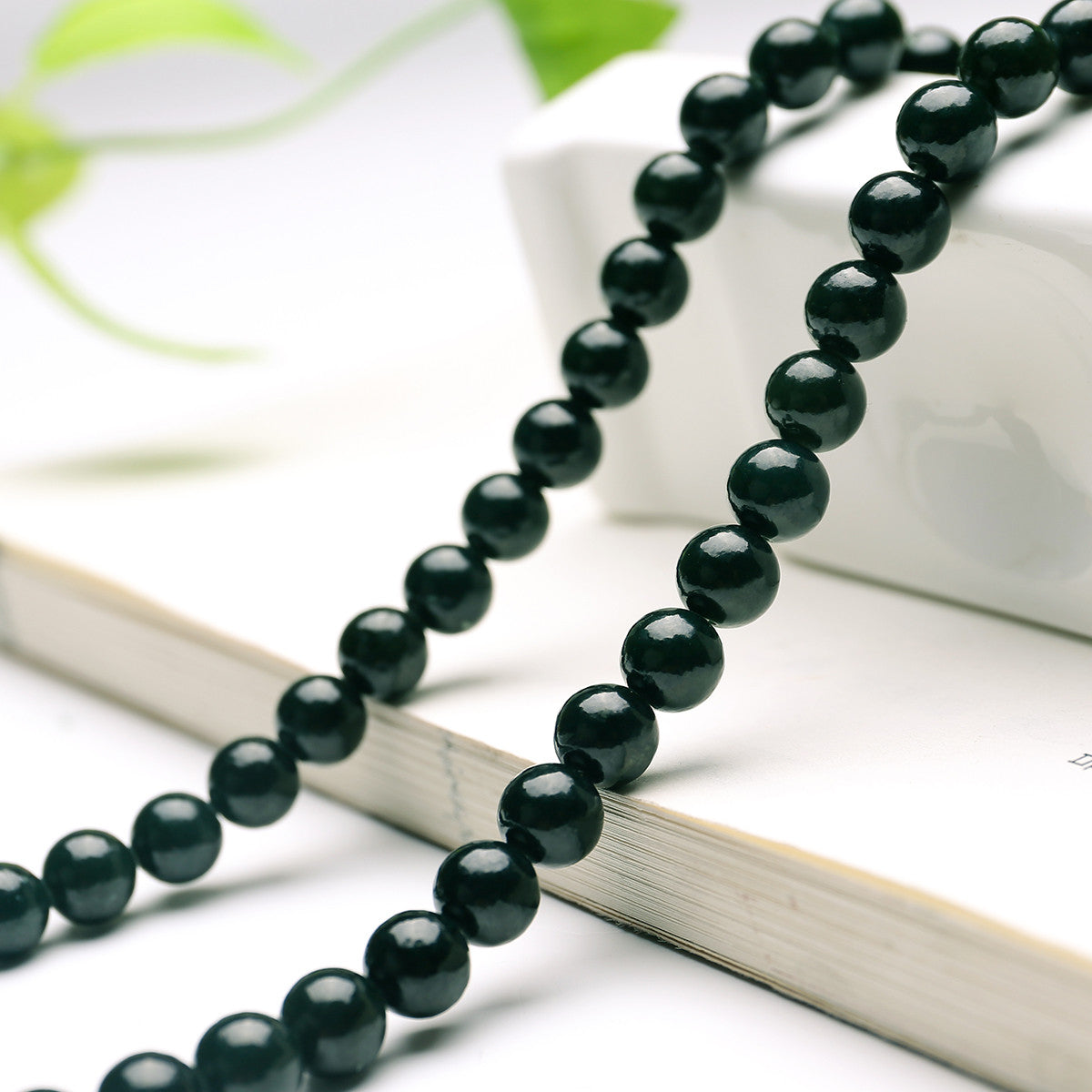 Dark Green Hetian Jade Round Bead Necklace, Women Long Sweater Chain
