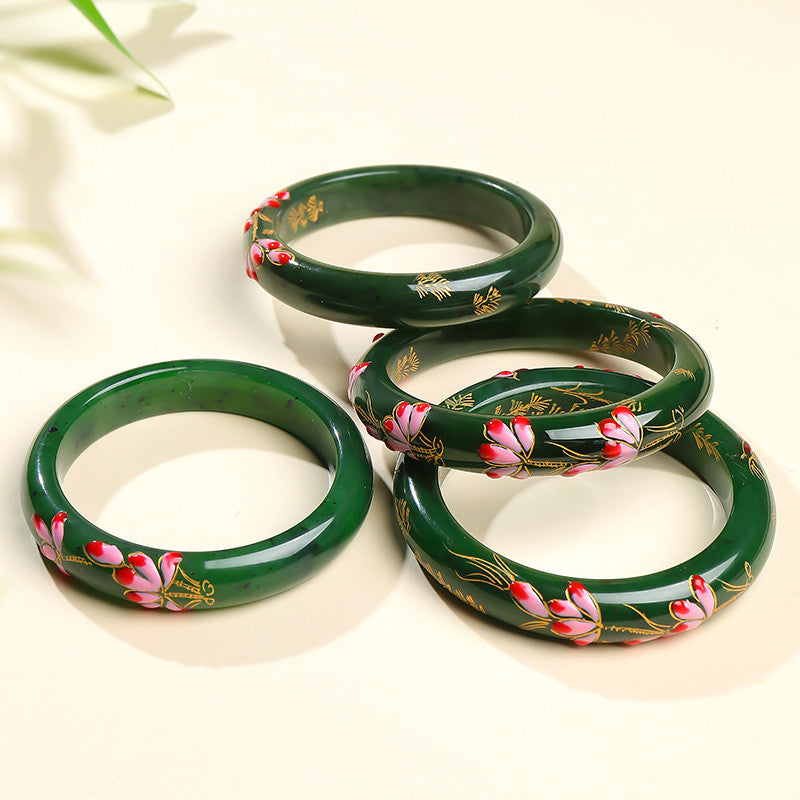 Blooming Splendor Hetian Jasper Bangle, Spinach Green Carved Bangle, Multiple Sizes Available