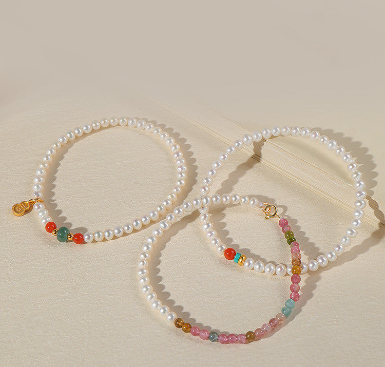Light Luxury Freshwater Pearl Bracelet, Multi-gem Bracelet with Mini Pearls, Tourmaline & Turquoise