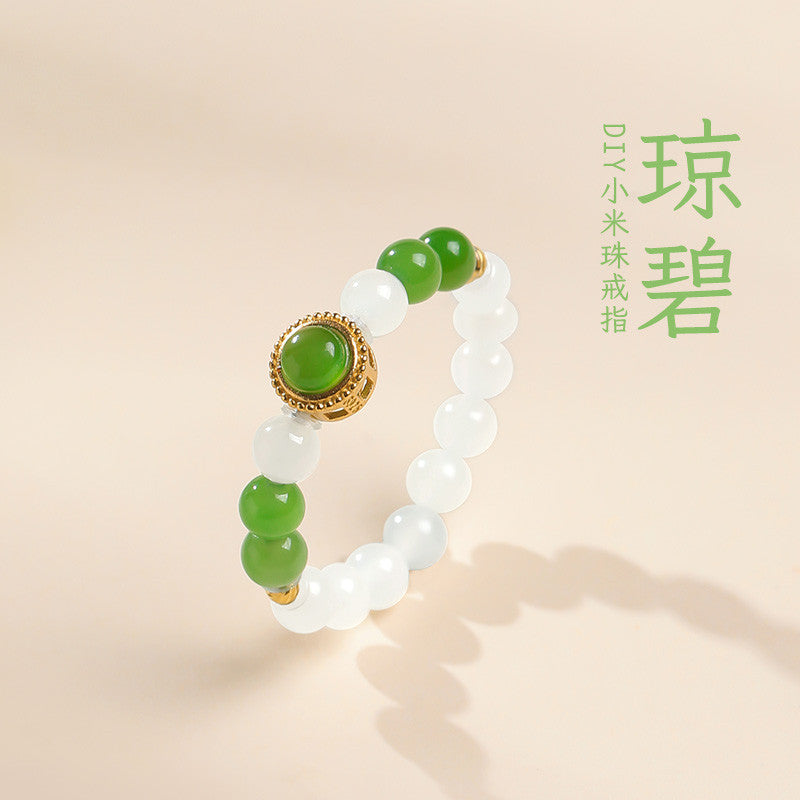 DIY Multi-gem Ring, Small Seed Beads with Jasper, White Jade, Jadeite, Turquoise, Agate, Cinnabar Fashion Adjustable Ring Jewelry