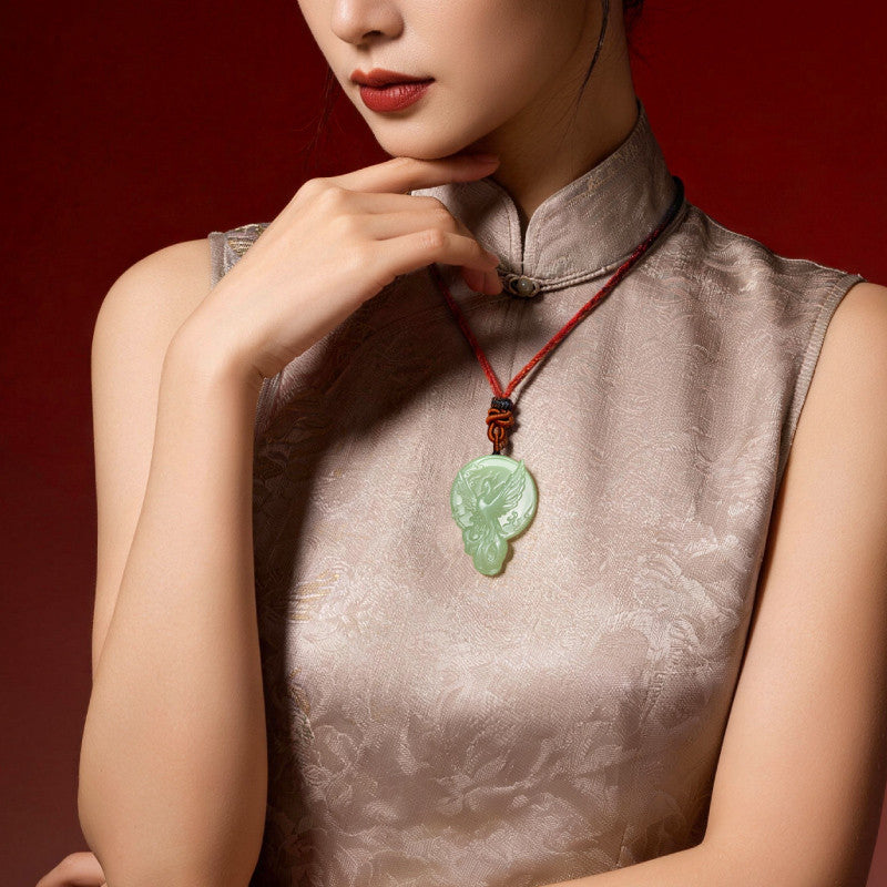 Hetian Jade Phoenix Pendant, Light Cyan Jade, Classic of Mountains and Seas Series Phoenix Rebirth Jade Ornament