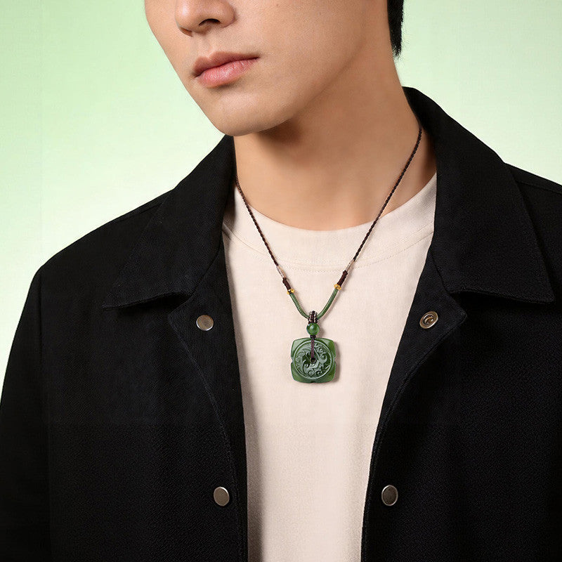 Double-Sided Carved Square Safety Buckle Pendant, Yellow-Green Hetian Jade, Holiday Gift with Cord & Certificate