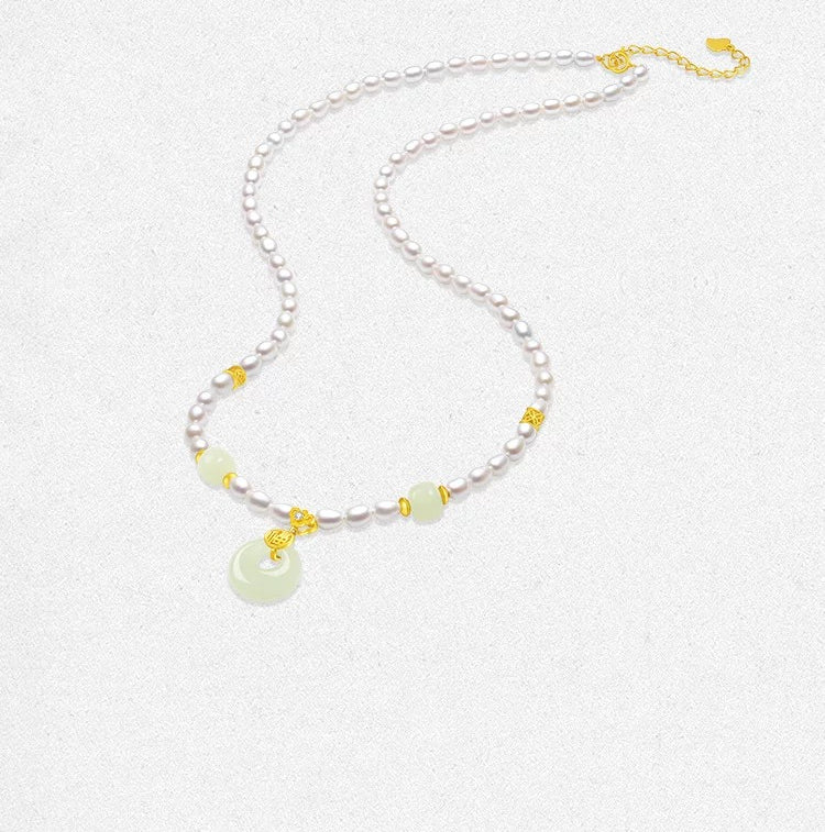 Certified Freshwater Rice Pearl Necklace Hetian Jade Peace Buckle Pendant Choker Collectible Jewelry Birthday Gift for Women