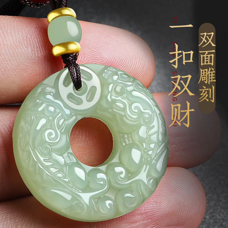 Double-Carved Hetian Jade Pixiu Pendant, Unisex Peace Buckle Jade Amulet