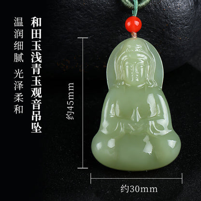 Double-Side Carved Pale Cyan Hetian Jade Sitting Guanyin Pendant, Unisex Lotus Throne Jade Charm