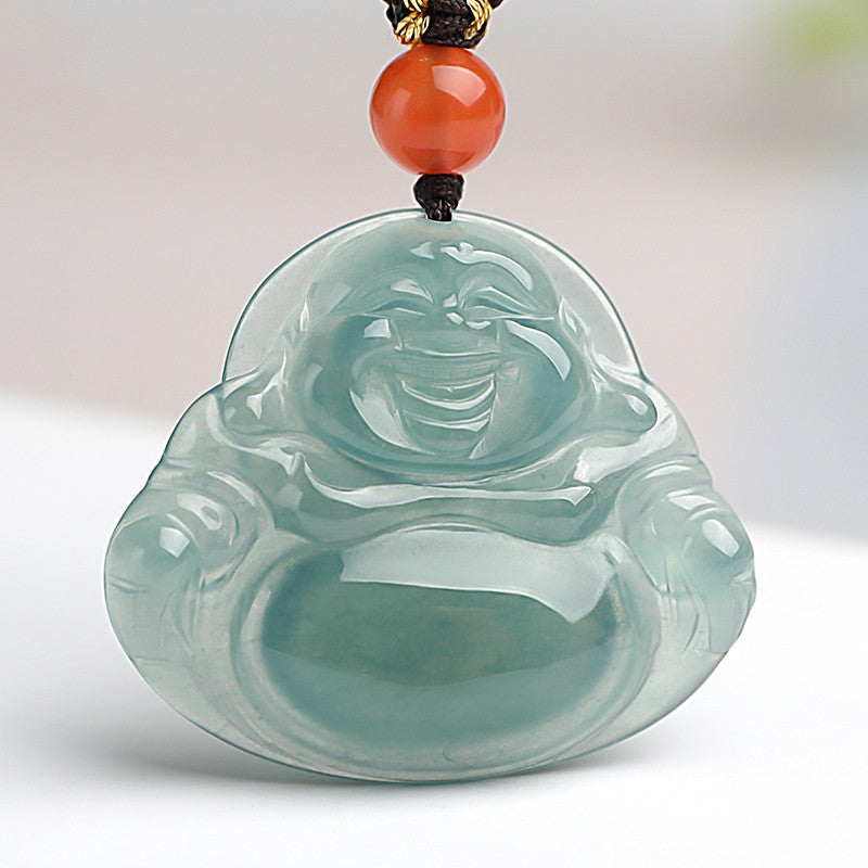 Icy Transparent Blue Water Jadeite Big Belly Maitreya Buddha Pendant, Women's Style, Festival Gift