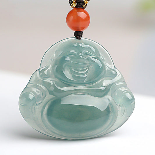 Icy Transparent Blue Water Jadeite Big Belly Maitreya Buddha Pendant, Women's Style, Festival Gift