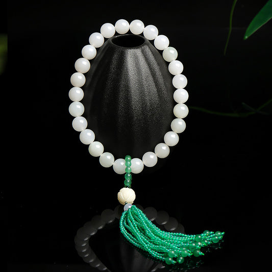 Tianshan Green Jade Bracelet & Handheld Ornament, Round Beads with Tassel, Fresh Style Gift