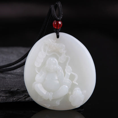 White Hetian Jade Pendant, Fine Carved Pixiu & Guanyin Pendant, Greasy Glossy High White Jade