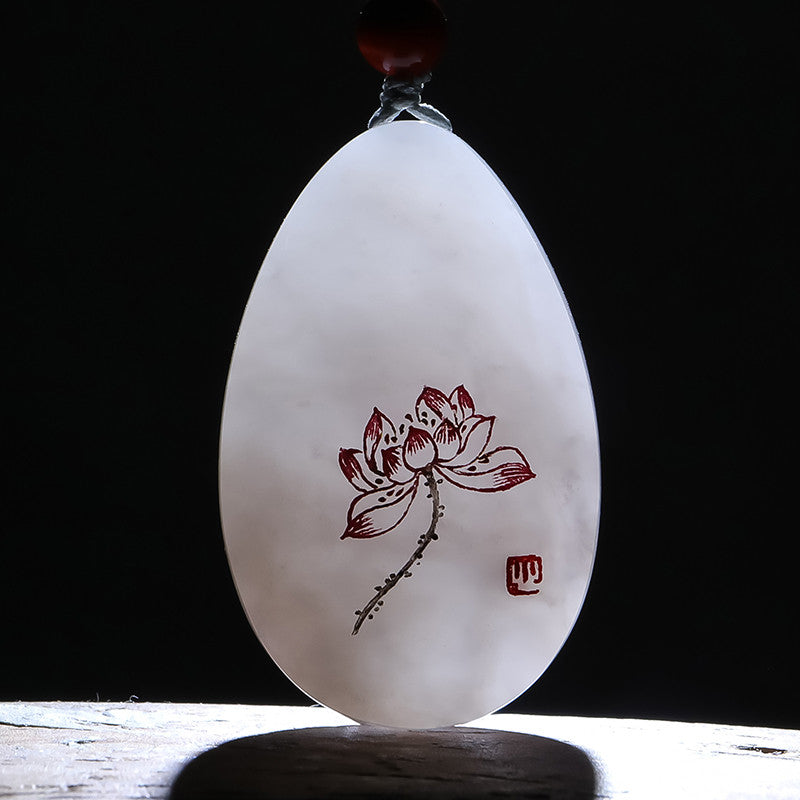 [Unique Item] Hetian Jade Pendant with Artistic Line-Carved Lotus, Unisex Jade Charm, Holiday Gift With Certificate