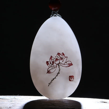 [Unique Item] Hetian Jade Pendant with Artistic Line-Carved Lotus, Unisex Jade Charm, Holiday Gift With Certificate