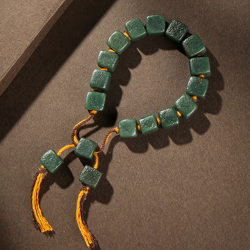 Dark Green Hetian Jade Bracelet for Men, Jade Beads with Brand Hand Rope, Holiday Gift