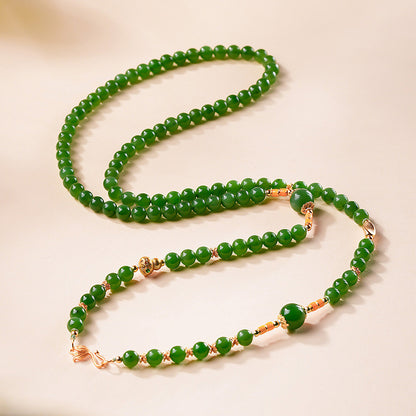 Hetian Jasper Necklace, Bright Green High-oil Round Bead & Gourd Jewelry, Multi-wear Style for Sweater Chain & Bracelet