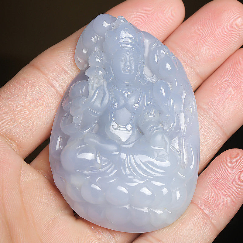 Unique Piece | Double-sided Carved Violet Jadeite Sitting Guanyin Pendant, Festival Gift