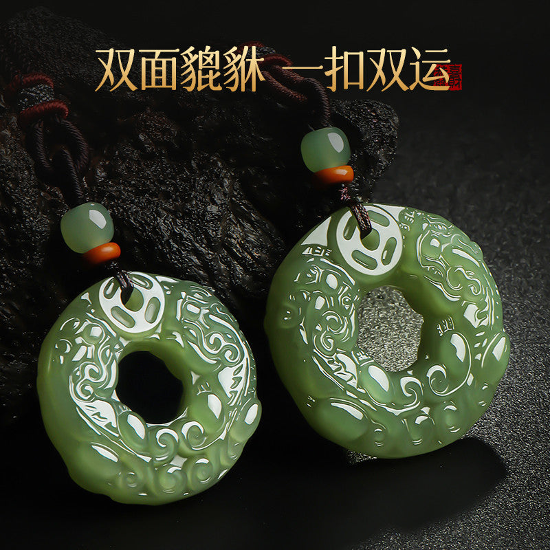 Unisex Double-sided Carved Hetian Jade Pixiu Safety Buckle Pendant, Festival Gift