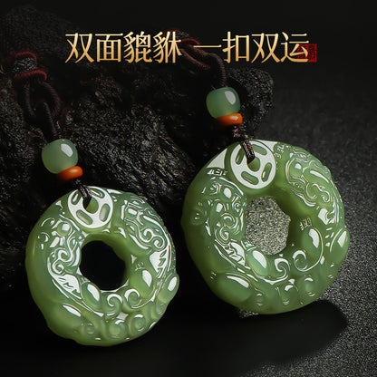 Unisex Double-sided Carved Hetian Jade Pixiu Safety Buckle Pendant, Festival Gift