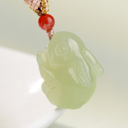 Plump Cute Rabbit Hetian Jade Pendant, Light Green Jade Chinese Zodiac Pendant, Unisex