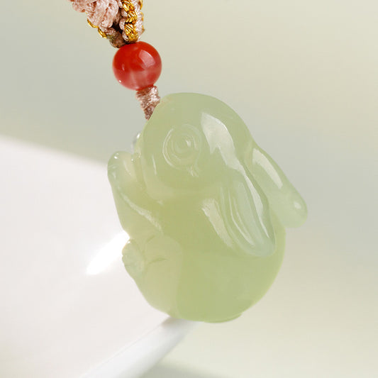Plump Cute Rabbit Hetian Jade Pendant, Light Green Jade Chinese Zodiac Pendant, Unisex