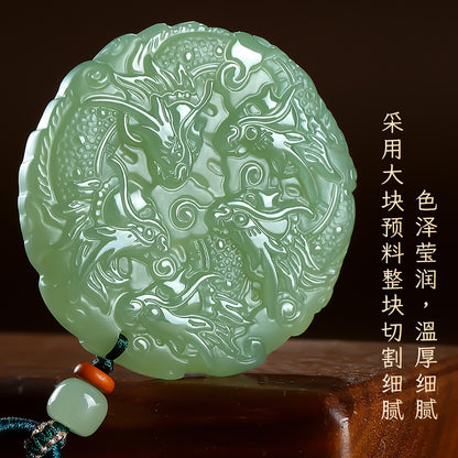 Double-Sided Carved Dark Green Hetian Jade Nine-Dragon Pendant, Unisex Jade Ornament
