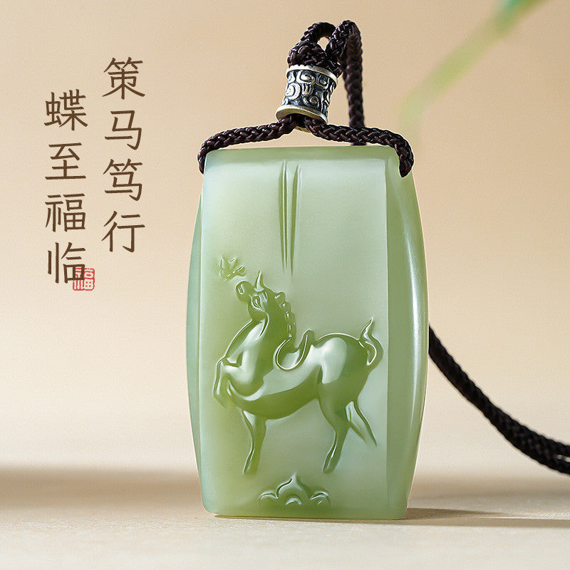Light Cyan Hetian Jade Horse Pendant, Prosperous Year of the Horse Zodiac Pendant