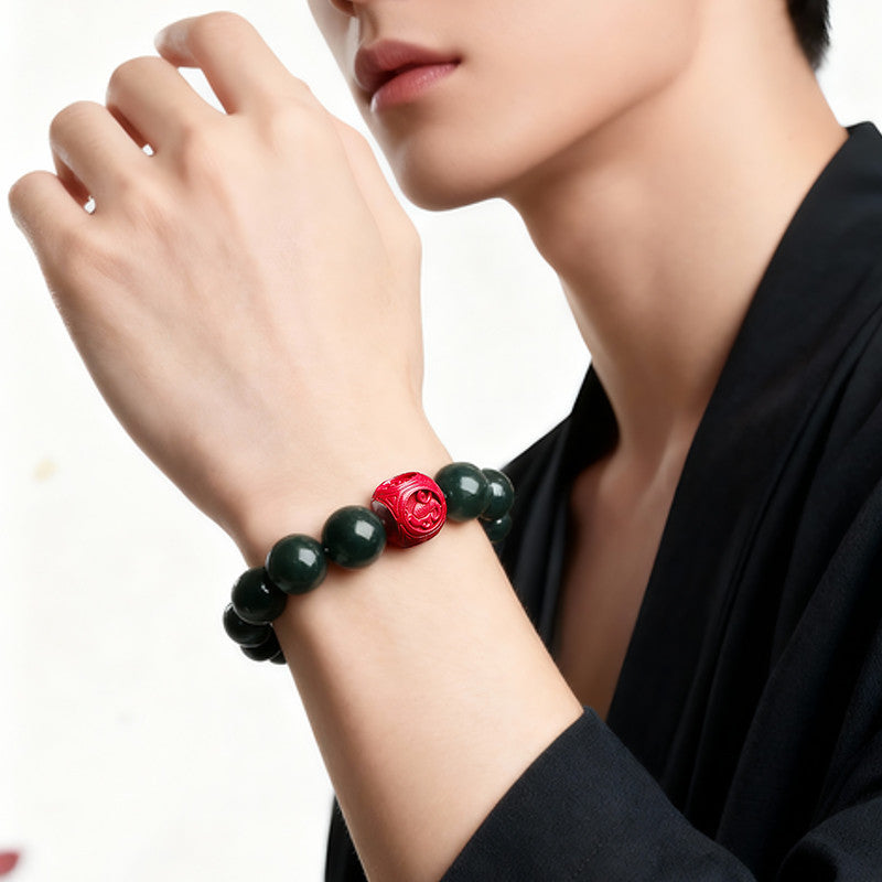 Dark Green Hetian Jade Barrel Bead Bracelet with Cinnabar Pixiu, Unisex Multi-gemstone Lucky Bracelet
