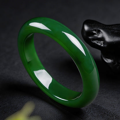 Collectible Grade Hetian Jasper Bangle, Oily Spinach Green Wide Band Women Jade Bracelet
