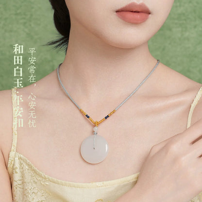 Certified Natural White Hetian Jade Ping An Kou Pendant Elegant Couple Jade Necklace Gift for