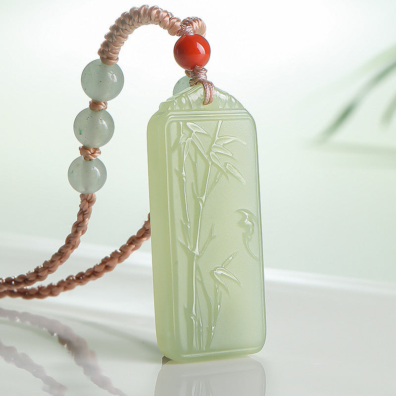 Pale Cyan Hetian Jade Bamboo Pendant for Men & Women, Rising Step-by-Step Jade Holiday Gift