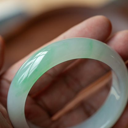 57MM Natural Grade A Ice Species Emerald Bangle, Translucent Fine Texture White Base with Green Floating Pattern Round Bracelet, With Certificate & Collectible High-Grade Jade Jewelry