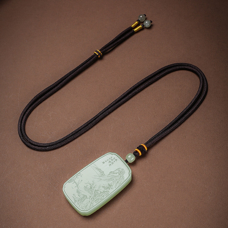 Master's Unique Piece | Hand Line-Carved Landscape Hetian Jade Pendant, Light Cyan & White Jade for Men & Women