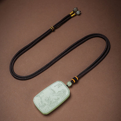 Master's Unique Piece | Hand Line-Carved Landscape Hetian Jade Pendant, Light Cyan & White Jade for Men & Women