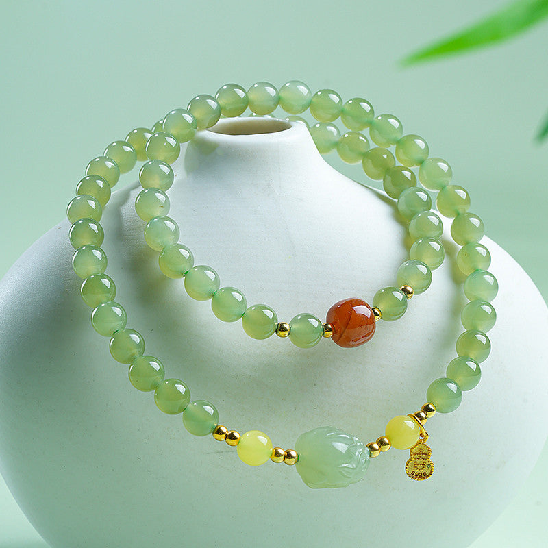 Icy Clear Water Light Cyan Hetian Jade Double-row Bracelet with Pixiu, Fashion Versatile Jewelry, Festival Gift
