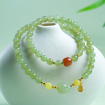 Icy Clear Water Light Cyan Hetian Jade Double-row Bracelet with Pixiu, Fashion Versatile Jewelry, Festival Gift