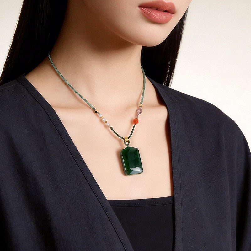 Spinach Green Hetian Jasper Plain Plaque Pendant for Women, No-Carve Peace Jade Holiday Gift