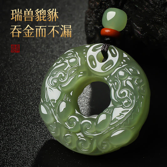 Unisex Double-sided Carved Hetian Jade Pixiu Safety Buckle Pendant, Festival Gift