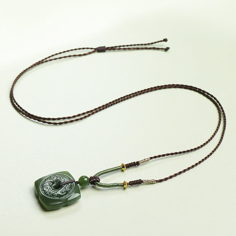 Double-Sided Carved Square Safety Buckle Pendant, Yellow-Green Hetian Jade, Holiday Gift with Cord & Certificate
