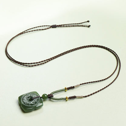 Double-Sided Carved Square Safety Buckle Pendant, Yellow-Green Hetian Jade, Holiday Gift with Cord & Certificate