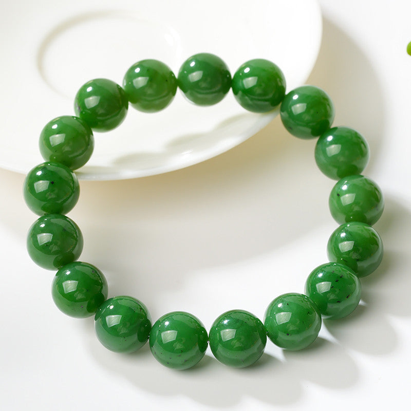 Unisex Spinach Green Hetian Jasper Round Bead Single-loop Bracelet